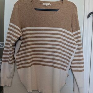 Plus Size Madison+Hudson Women's Tan & White Striped Lightweight Knit Sweater